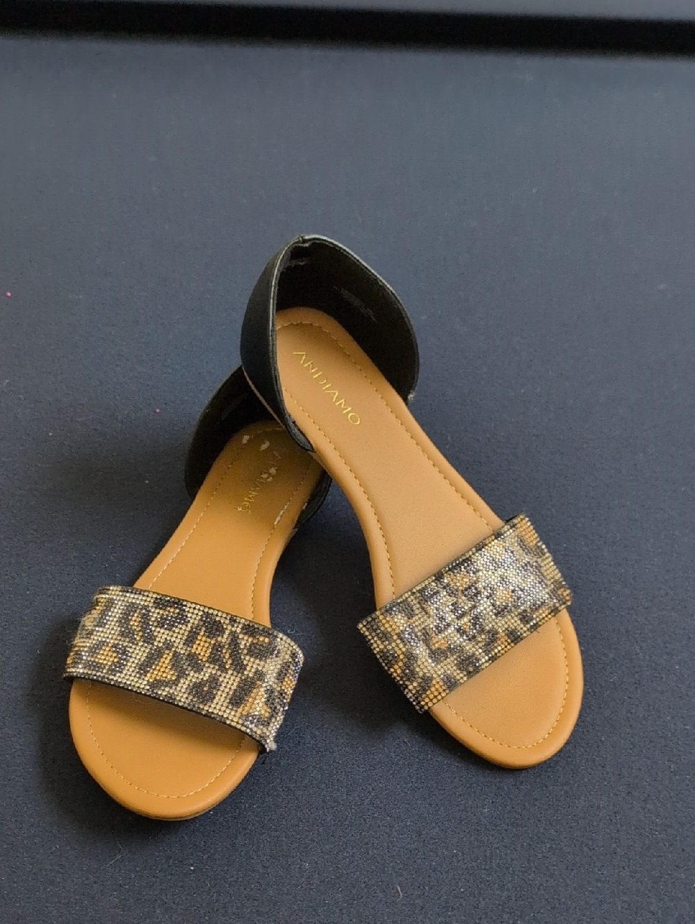 AnniAMO Women's Leopard Beaded Slide Sandals in Black and Tan